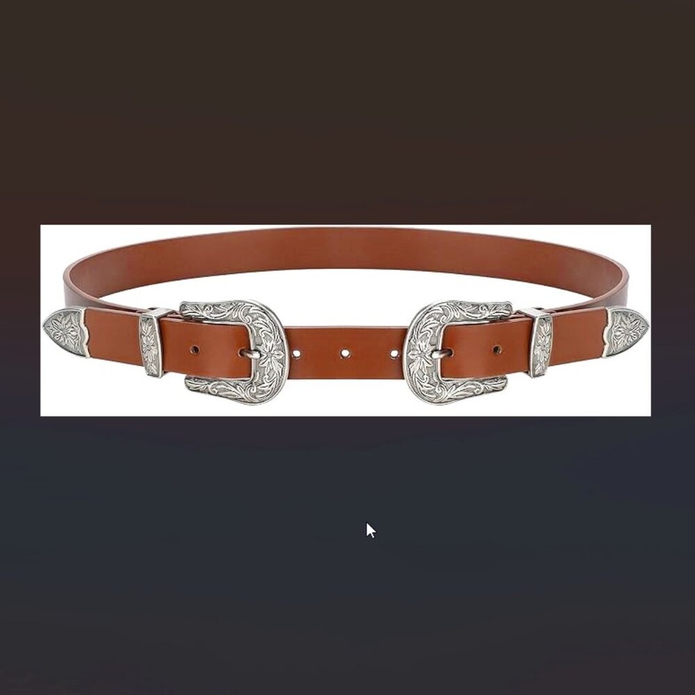 EUC Women's S Leather Belt 2-buckle Brown & Silver Vintage Western Design
